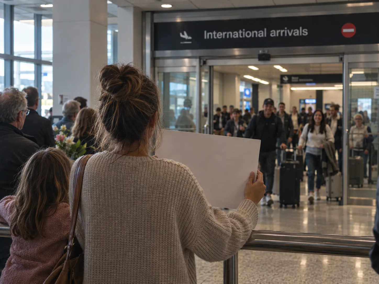 The international arrivals hall at Auckland Airport, a handwritten name card held up