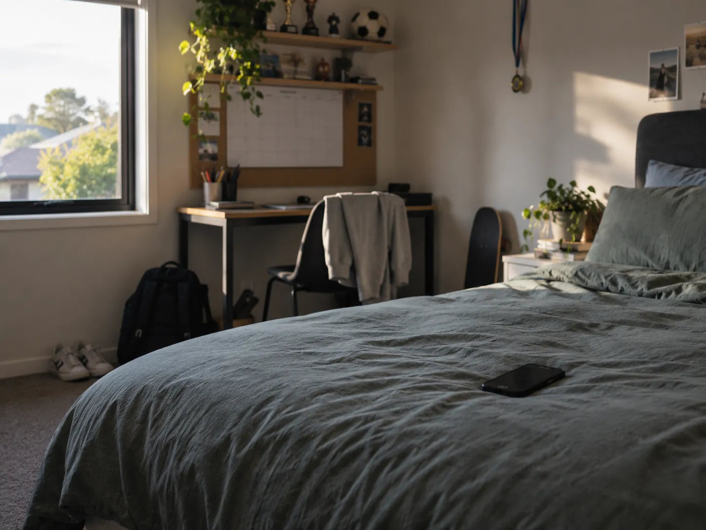 A phone face-up on a made bed in a homestay bedroom