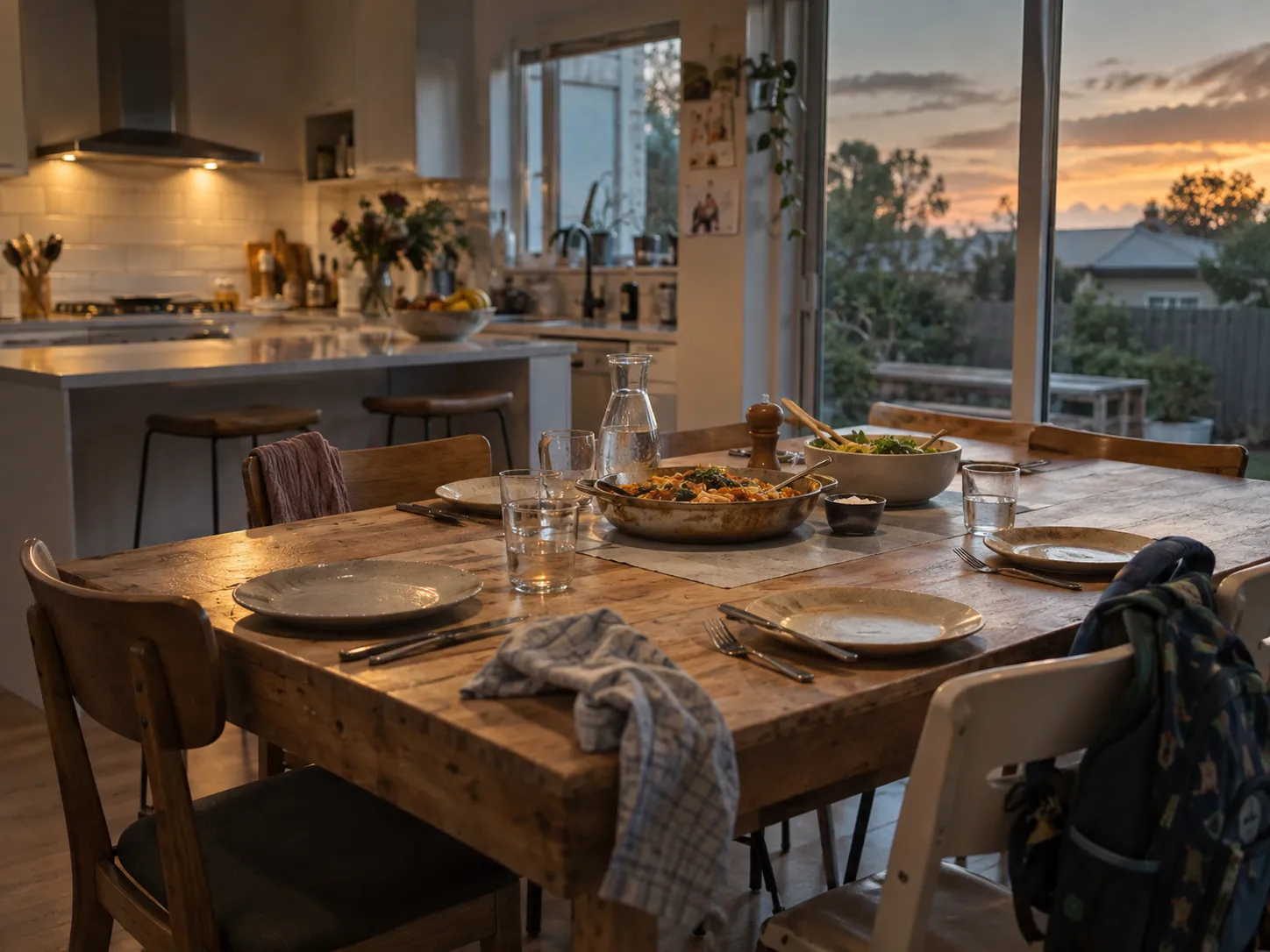 A homestay kitchen table set for dinner with one extra place