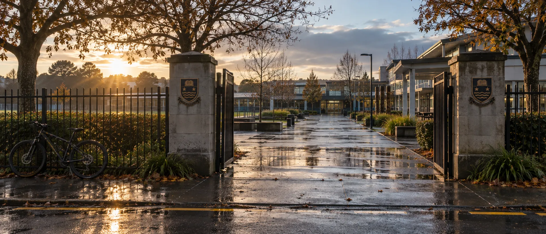 A New Zealand secondary school gate at 8am, wet from rain