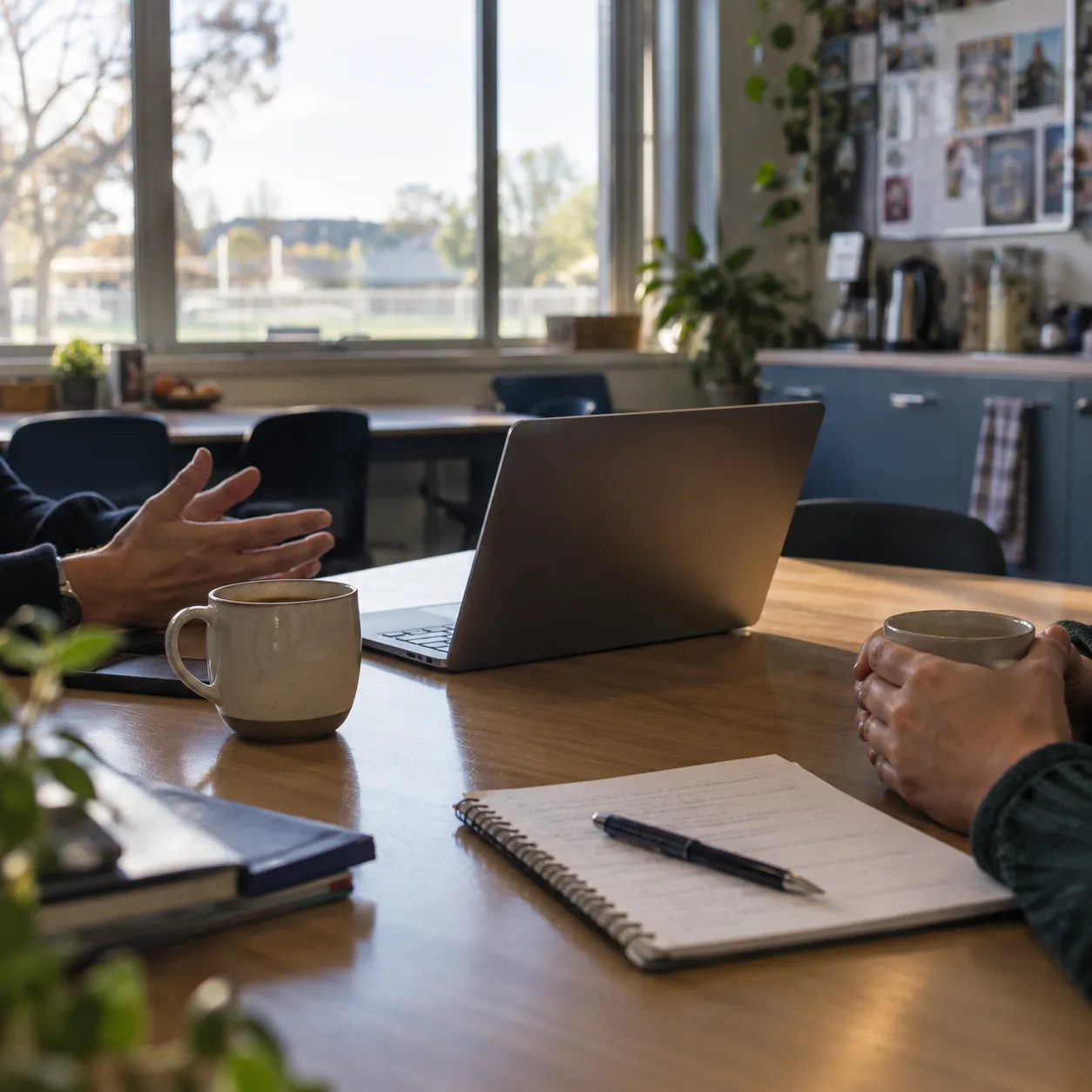 A laptop open on a staffroom table with two cups of coffee beside it